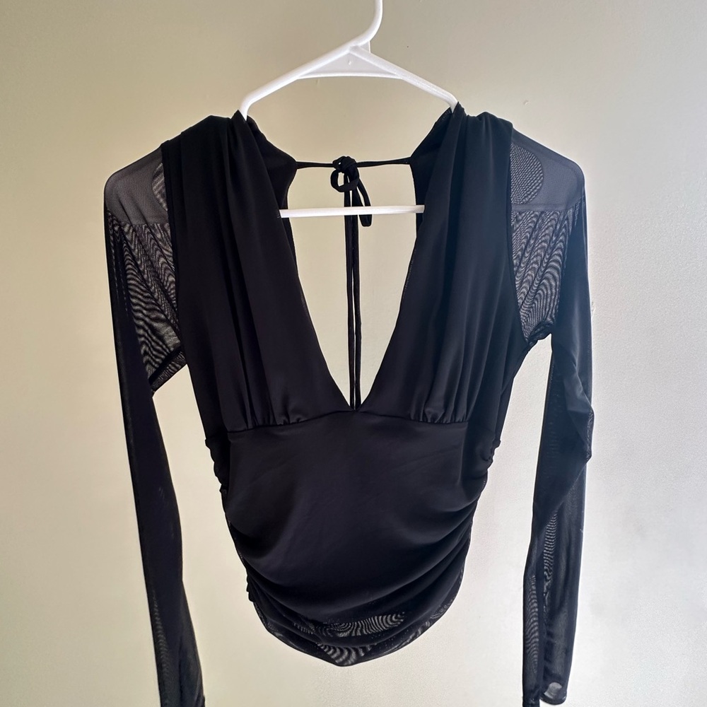 Windsor Black Sheer Sleeve V-Neck Blouse